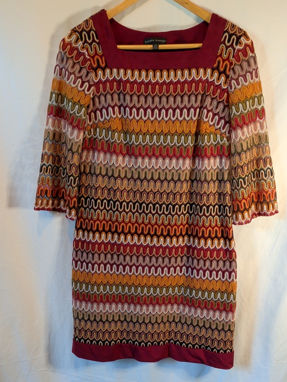 Sandra Darren Multicolor Wave-Pattern Mini Dress - Burgundy Trim